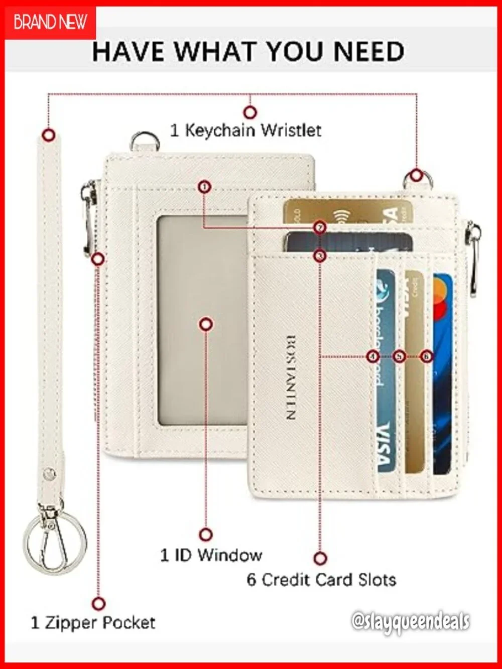 Slim RFID Leather Card Holder Wristlet with Zipper Pocket Keychain